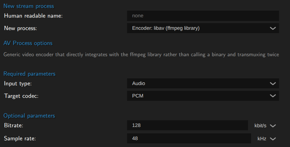 Image of setting up raw audio encoding