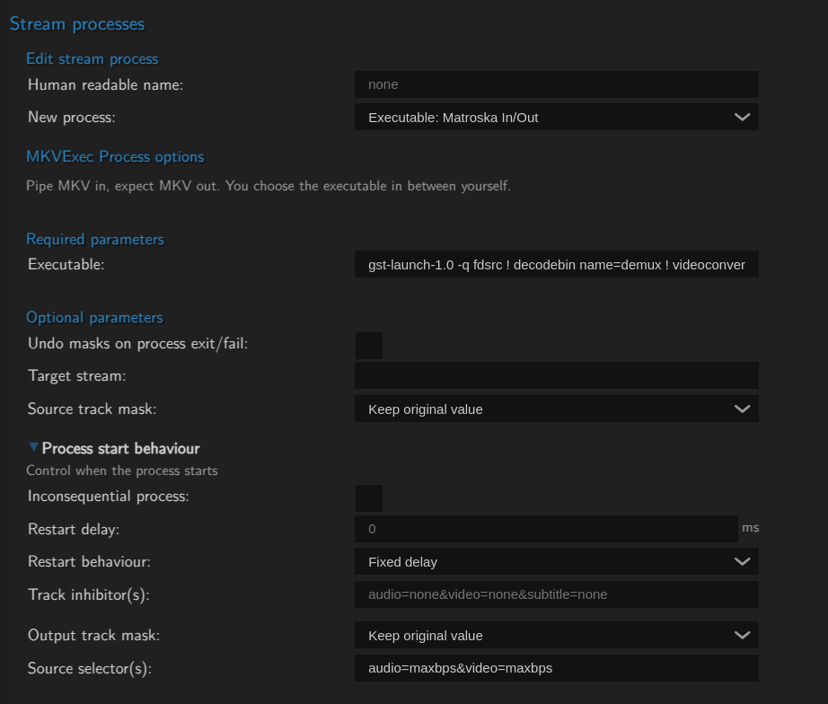 Example of the H264 720p and Opus in one command filled in within MistServer