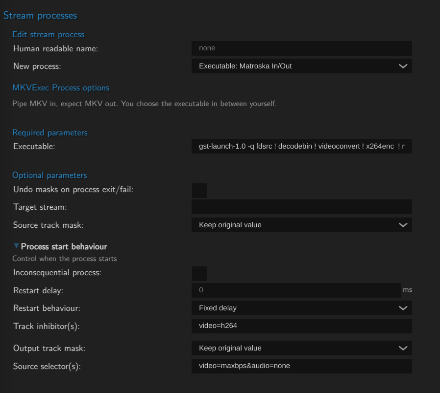 settings as set up within MistServer