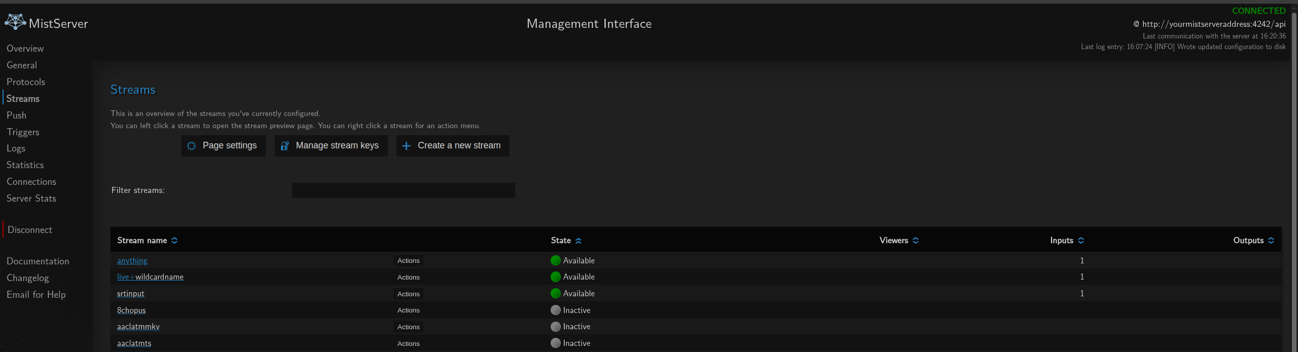 Streams panel in use