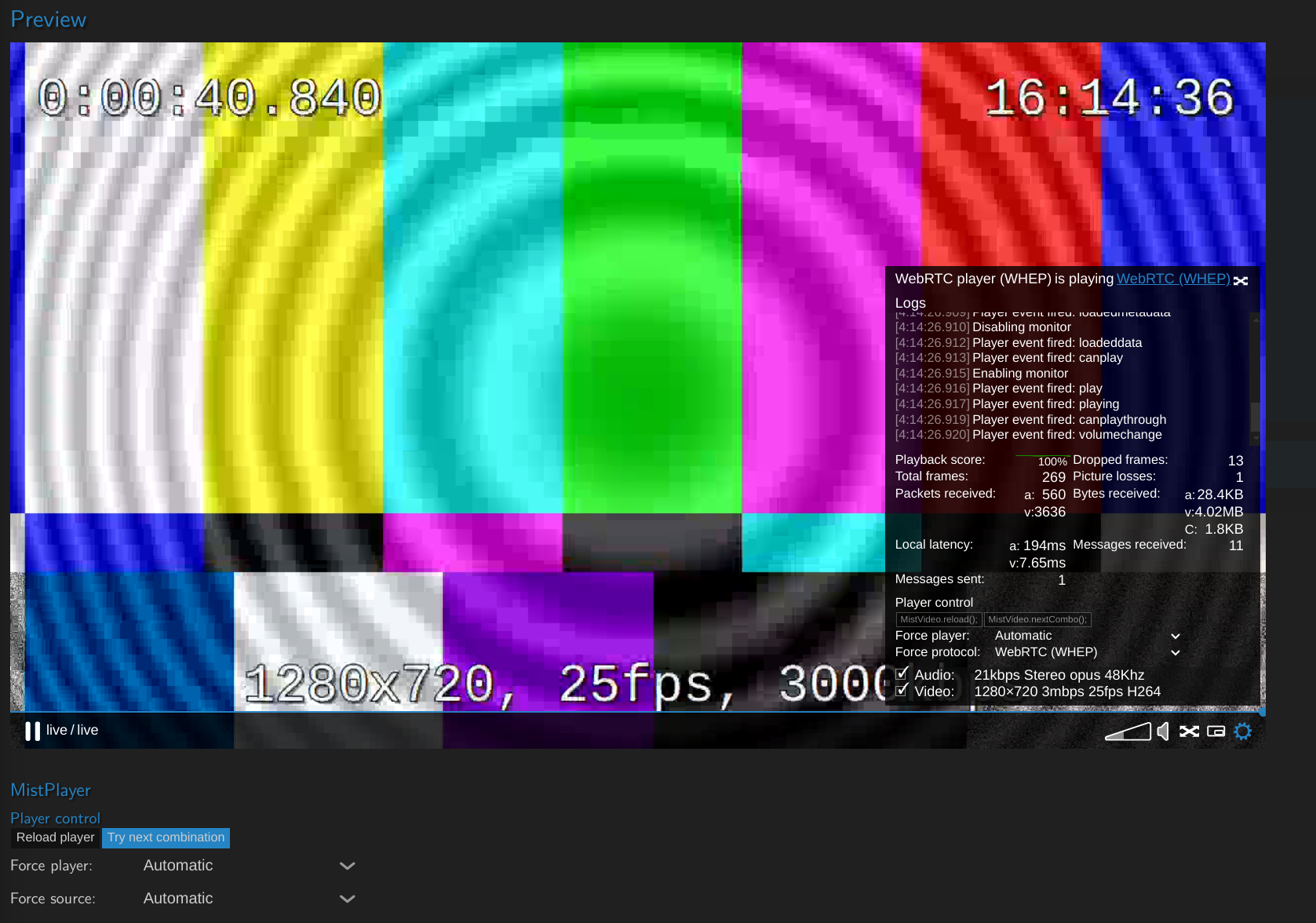 Image of the preview page within MistServer