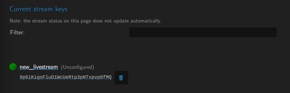 Showing an in use stream key within the stream key tab