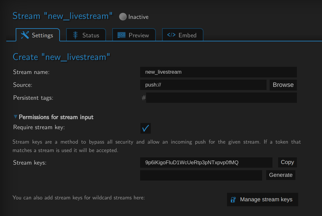 Configured stream key stream