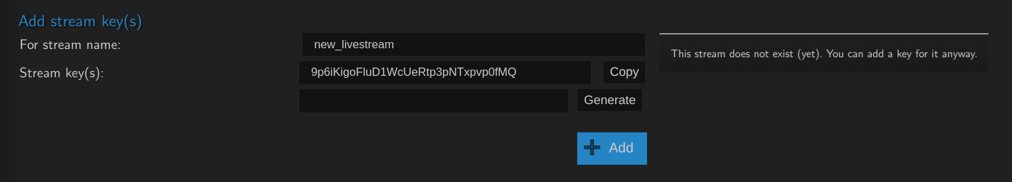 Interface showing how to generate a stream key
