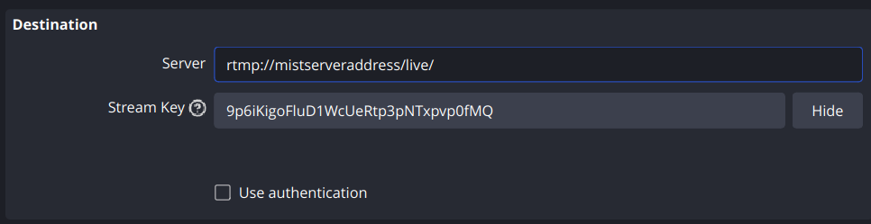 Picture of OBS pushing configuration for RTMP push to stream key