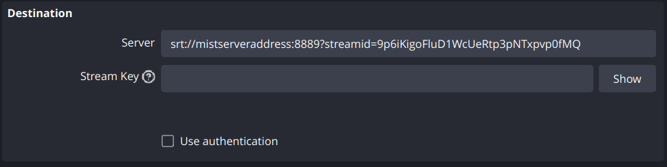 Picture of OBS pushing configuration for SRT push to stream key