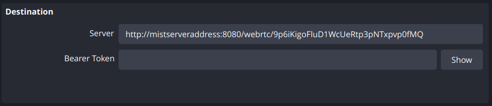 Picture of OBS pushing configuration for WebRTC push to stream key