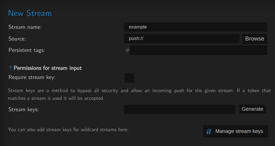 Picture of setting up stream keys within a stream edit page