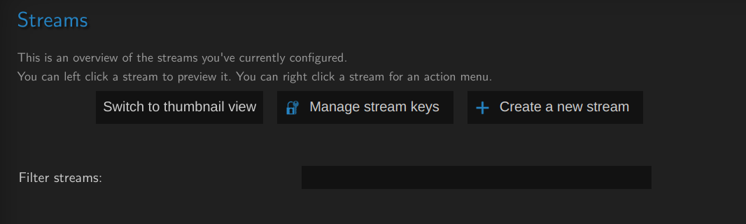 Image of button to click to access the stream keys interface