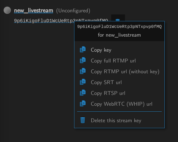 Example on click menu for stream key to copy