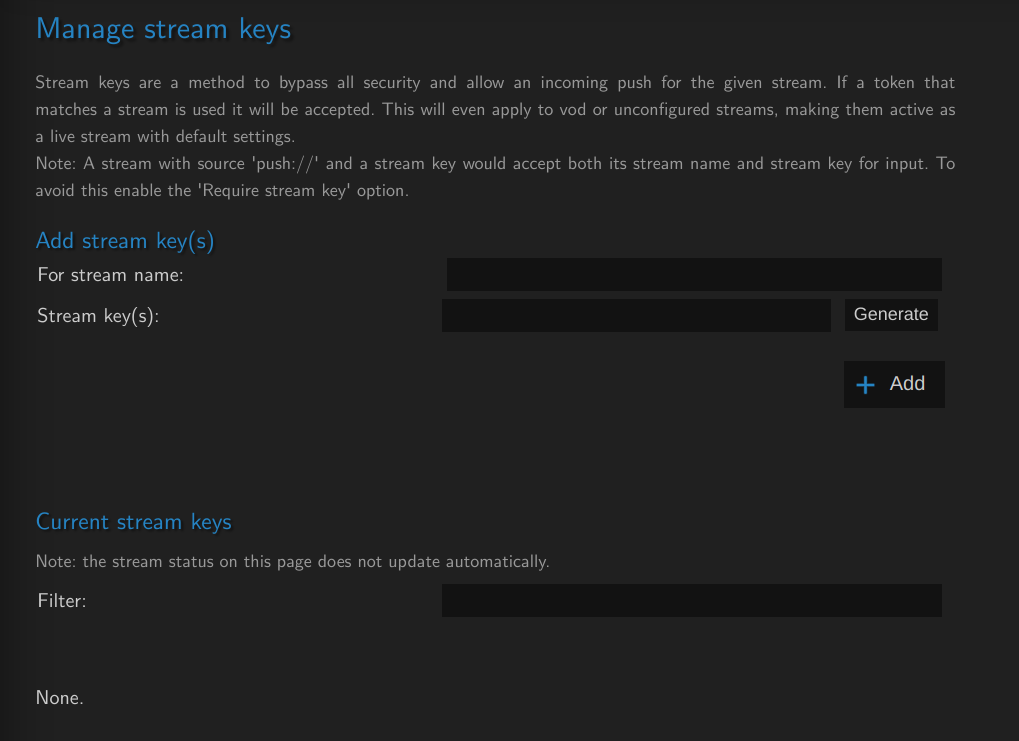 The stream keys interface