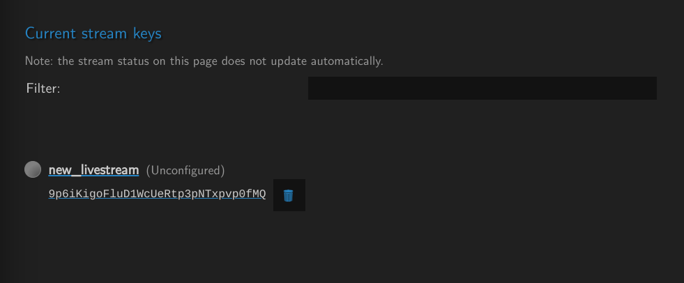 example showing current stream keys