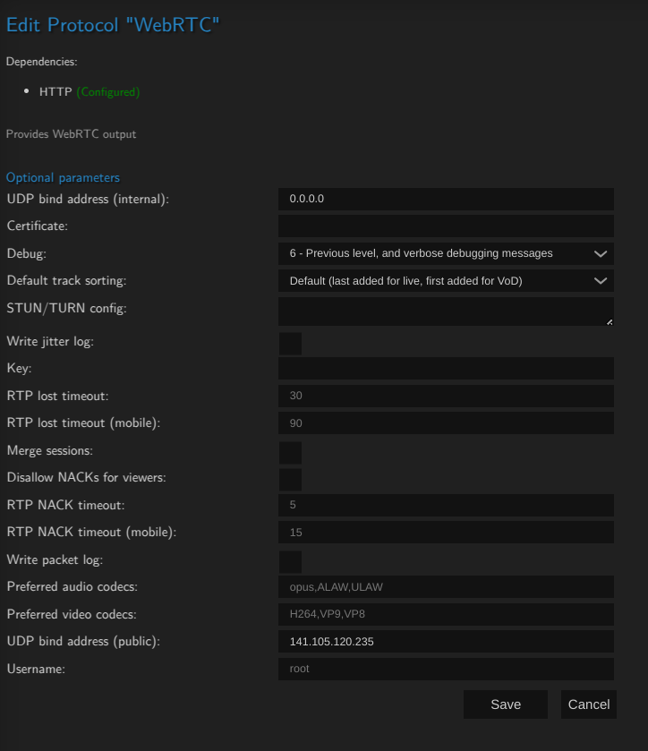 Image of WebRTC settings for our test server at 141.105.120.235