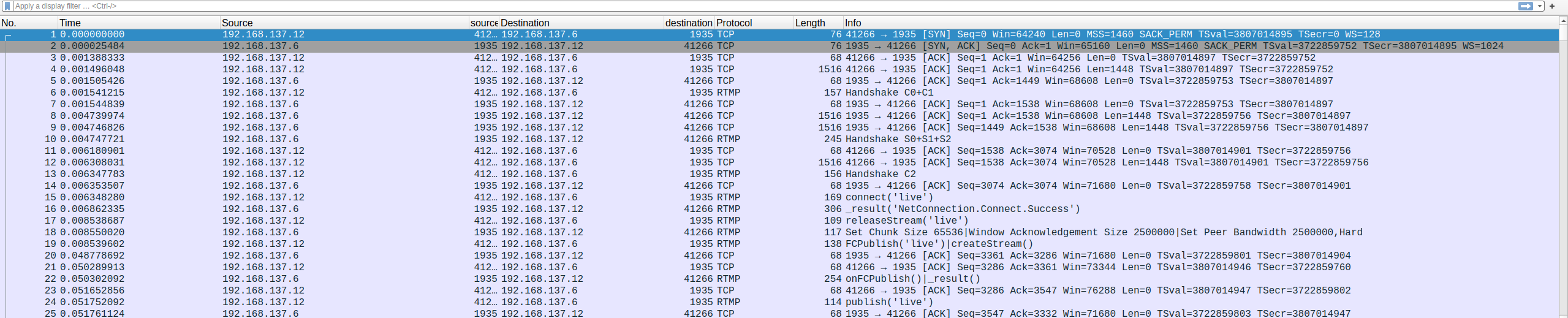 wireshark capturing a RTMP stream